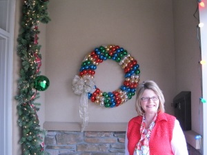 My friend Terry made this beautiful wreath from glass ornaments.  It fits perfectly with my traditional theme.  